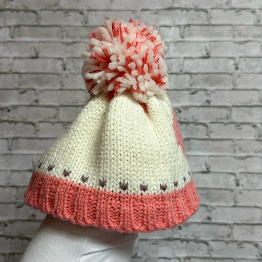 Knit Lined Winter Toddler Hat Pink Heart Pom Pom Toboggan Beanie 9.5